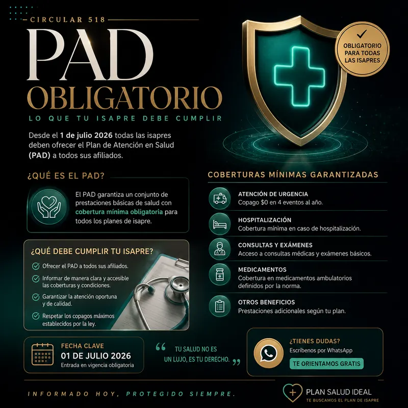 Infografía PAD obligatorio en isapres 2026 (Circular IF/N°518): coberturas mínimas garantizadas — atención de urgencia con copago $0 en 4 eventos al año, hospitalización, consultas y exámenes, medicamentos ambulatorios; entrada en vigencia el 1 de julio de 2026 para todas las isapres